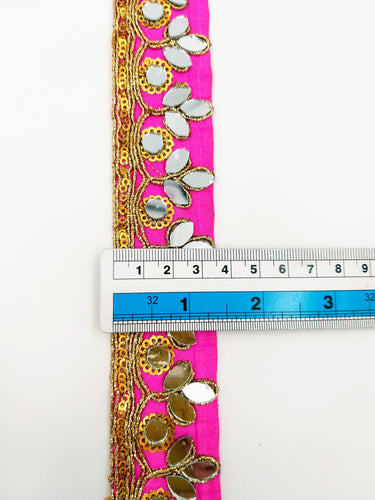 Fuchsia Pink Silk Trim With Mirrors Embellishments and Gold Embroidery, Approx. 34mm Wide, Decorative Trim Costume Trim Fashion Trim By Yard